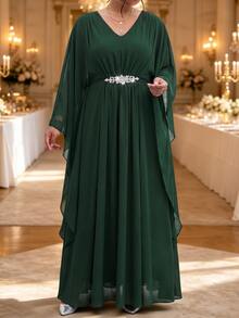 Fleurora Plus Size Women Solid Color V-Neck High Waist Pleated Rhinestone Decor Asymmetrical Long Sleeve Dress - Dark Green - View 5