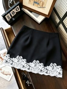 Muvela Women's Solid Color Lace Patchwork Fashion Short Skirt - Black - View 1