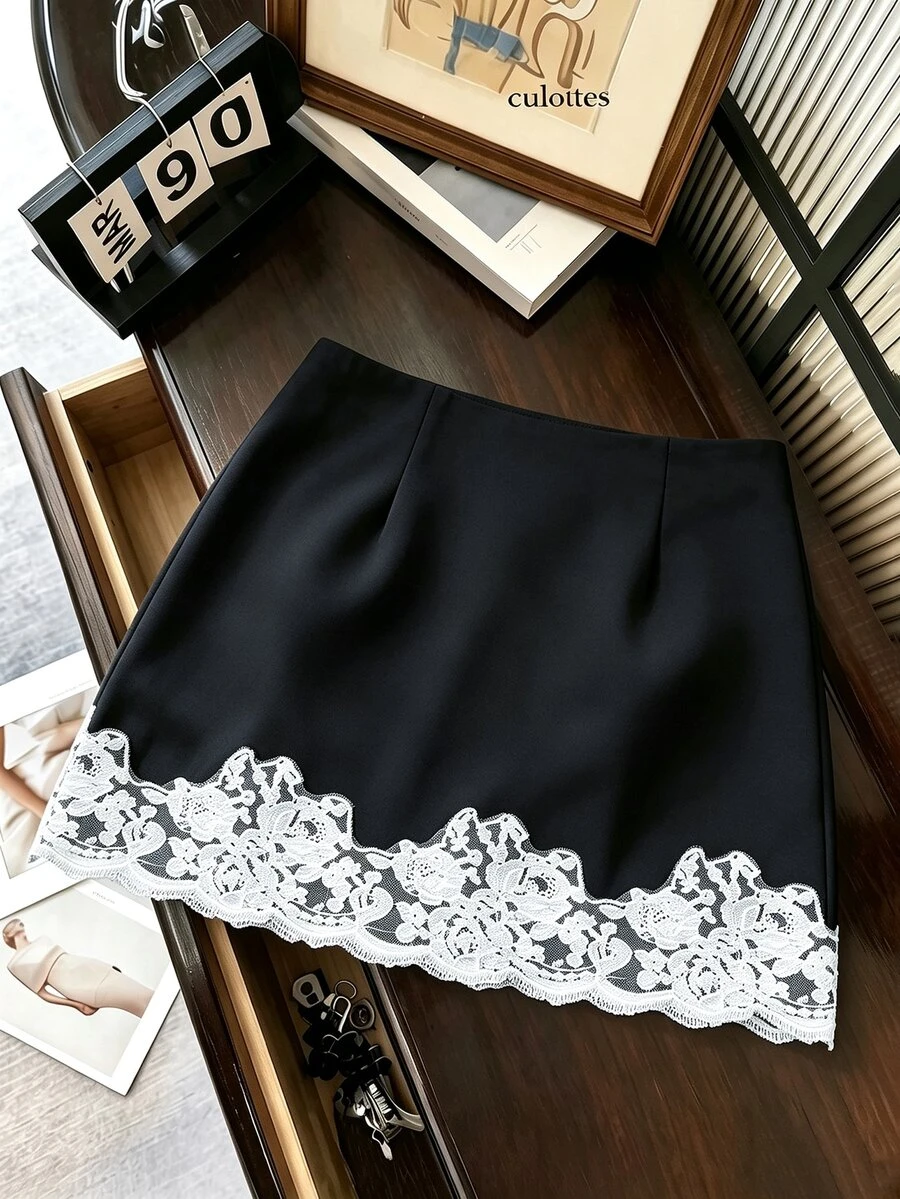 Muvela Women's Solid Color Lace Patchwork Fashion Short Skirt - Black - View 1