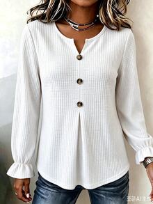 Glimmora Fashionable Retro Casual Basic Waffle Texture Fabric, Button Closure Design, Ruffle Cuff Women's Shirt - White - View 5