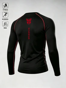 Acti Log Men's Line And Letter Pattern Contrast Color Long Sleeve Crew Neck Casual Sports T-Shirt - Black - View 2