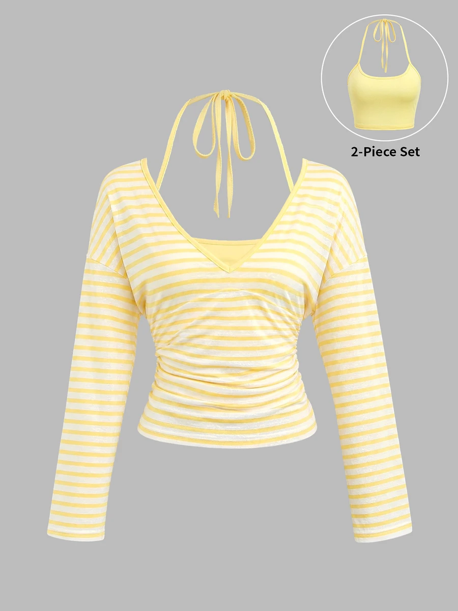 Sweetra Fresh Minimalist Sexy Simple Vintage Office Casual Daily Commute Bestie Afternoon Tea Store Visit Photo Shopping Date Side Ruched Gathered Inner Wear Thin Spaghetti Strap Camisole Back Spring Summer Yellow Women 2 Pieces Set - Yellow - View 1