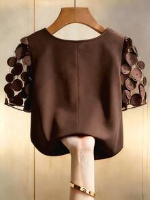 GlowEve CURVE Plus Size Vintage Fashion Faux Pearl Decor Shirt - Brown - View 2