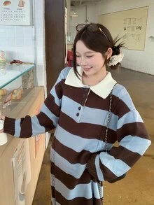 DAZY 女款條紋長版休閒針織洋裝 - 藍色 - 查看 5