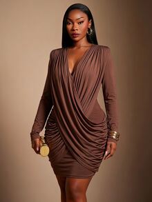 SHEIN SXY Brown High Elasticity Knitted Ruched Deep V Neck Fitted Long Sleeve Mini Dress - Brown - View 4