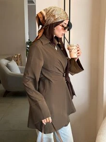Solavon New Design V-Neck Waist-Cinching Shirt With Back Tie And Metal Buckle Decor, Elegant Daily Commute Versatile Blouse Top - Brown - View 5