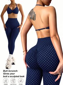 SHEIN Dewbera Women's Polka Dot Print Halter Neck Tank Top & High Waist Tight Leggings Sports Set - Navy Blue - View 1