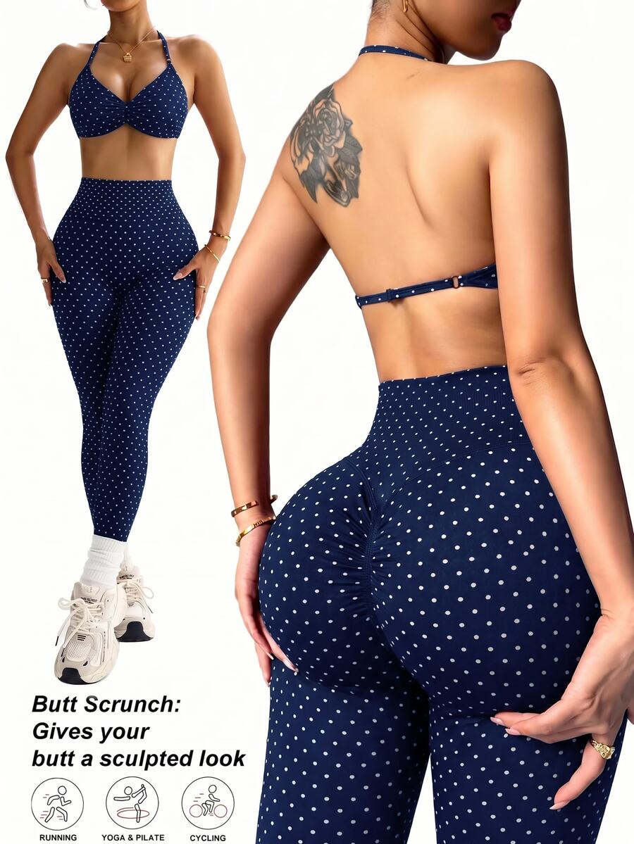 SHEIN Dewbera Women's Polka Dot Print Halter Neck Tank Top & High Waist Tight Leggings Sports Set - Navy Blue - View 1