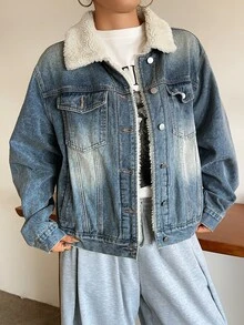 Dazy Plus Autumn/Winter New Lamb Wool Patchwork Fur Collar Denim Jacket Street Casual - Medium Wash - View 6