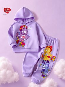 SHEIN X Care Bears 2件組兒童小女孩休閒百搭彩色卡通圖案圓領寬鬆長袖套頭上衣與長褲套裝，適合日常穿著、秋冬室內攝影、運動、節慶、生日、開學季 - 紫色 - 查看 8