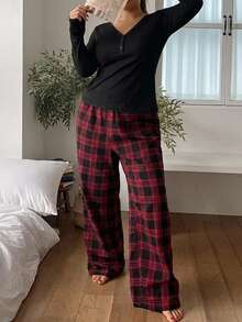 Dazy Plus Minimalist Casual Solid Color Top & Plaid Pants 2pcs Set Home Wear Spring Autumn New Pajama Outfit - Black - View 5