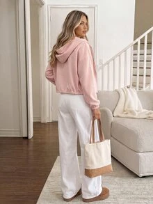 Easowa Women's Solid Color Drop Shoulder Long Sleeve Zip-Up Casual Sweatshirt - Pink - View 5