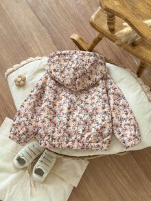SHEIN Vintaside Kids 1件女嬰幼兒拉鍊夾克，可愛甜美粉色花卉，毛絨內裡，拉鍊長袖連帽厚款戶外冬季度假外套 - 棕色 - 查看 2