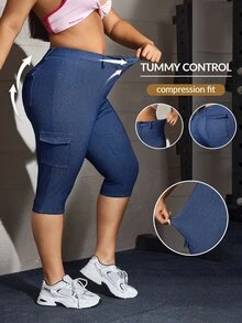 Flexra Festival Y2K Plus Size Women's Blue Stretch Sexy Tight Capris Denim Pants - Dark Wash - View 2