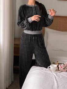 DAZY Women's Plaid Long Sleeve Top And Pants Casual Daily Home Pajama Set - Blue - View 6