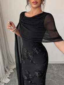 SHEIN Raffinéa 網紗花卉修身披肩洋裝，女款夏季派對晚禮服 - 黑色 - 查看 4