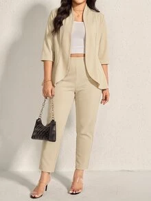 Comfylo Plus Size Women Solid Color 3/4 Sleeve Blazer And Pants 2 Pieces Set, Business Casual Style - Apricot - View 5