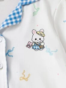Conjunto de pijama para niñas con estampado de cuadros y gráfico de dibujos animados - Celeste - Ver 4