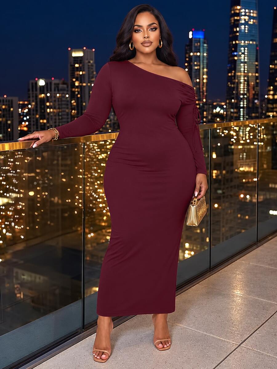 Poshavie Poshavie Plus Size Women's Minimalist Elegant Long Dress, Fashionable Asymmetrical Shoulder Ruched Design Elastic Fitted Dress, Slimming Versatile, Suitable For Daily Wear And Parties - Burgundy - View 1