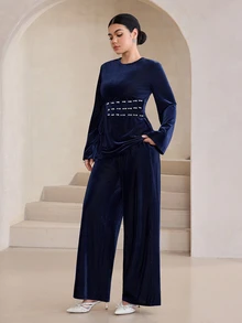 Graceveil Navy Blue Ribbed Velvet Crew Neck Long Sleeve Top & Pearl Waistband Wide Leg Pants Two Pieces Set - Royal Blue - View 6