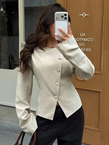 Siren Gaze Women's Fashion Beige Short Asymmetrical Jacket Suitable For Work Or Date (Autumn/Winter) - Apricot - View 4