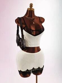 Amplova Autumn/Winter Party Home Daily Date Lace Patchwork Knit Vest Mini Skirt Knit Set - Apricot - View 5