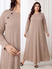 Veilorie Plus Size Women Solid Color Casual Daily Long Sleeve Sweatshirt - Khaki - View 8
