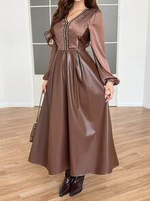 Feyla Women's V-Neck Petal Sleeve Pleated Long Dress - Brown - View 4