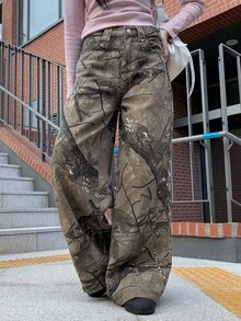 DAZY Women's Loose Wide Leg Jeans With All-Over Floral Print, Army Green Letter Embroidery, Casual Streetwear Korean Style For Spring And Autumn - Green - View 3