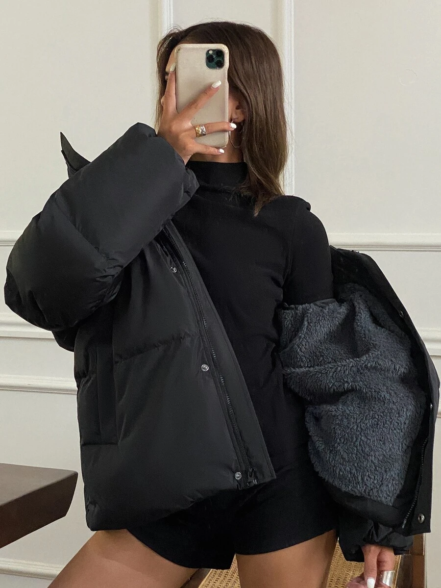 DAZY Women's Minimalist Casual Solid Color Padded Coat - Black - View 1