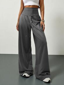 SHEIN Tall CURVE 大尺碼高腰灰色針織抓絨抽繩寬鬆運動褲，適合冬季畢業季、返校季、畢業典禮、教師穿搭等場合，秋季女款寬腿舒適運動長褲 - 深灰色 - 查看 6