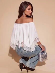 Bluhae Blus Wanita Crop Musim Semi Panas Warna Beige dengan Bahu Terbuka, Patchwork Renda, Longgar, Ruffle, Lengan Batwing, Bahan Sifon, untuk Kencan, Belanja, Liburan, Gaya Pure Desire yang Menawan - Putih - View 2