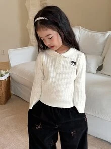 DAZY 女嬰刺繡蝴蝶結裝飾 Polo 領鏤空針織毛衣 - 白色 - 查看 3
