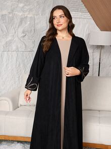 Al Najma Plus Size Women's Long Sleeve Bow Lace Loose Versatile Warm Autumn/Winter Arabic Abaya Cardigan - Black - View 4