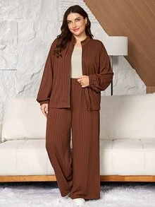 Modelyn 大尺碼女款針織拉鍊長袖夾克與長褲套裝 - 摩卡棕 - 查看 6