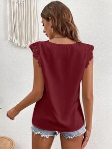 SHEIN VCAY 女款V領貝殼飾邊蕾絲飾邊純色上衣，酒紅色，適合上班日常，夏季浪漫優雅風 - 酒紅色 - 查看 2