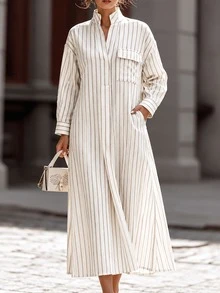 EMERY ROSE Plus Size Casual Loose Fit Small Stand Collar V-Neck Commute Outing Vacation Versatile Long Sleeve Striped Dress - Apricot - View 3