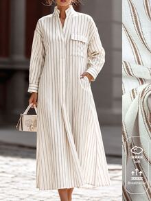 EMERY ROSE Plus Size Casual Loose Fit Small Stand Collar V-Neck Commute Outing Vacation Versatile Long Sleeve Striped Dress - Apricot - View 1