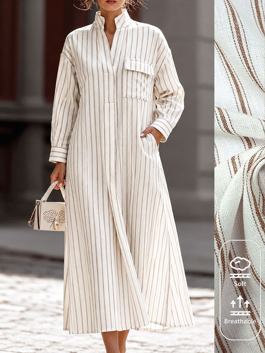 EMERY ROSE Plus Size Casual Loose Fit Small Stand Collar V-Neck Commute Outing Vacation Versatile Long Sleeve Striped Dress - Apricot - View 1