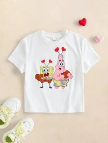 SpongeBob SquarePants | SHEIN Tween Girl Cartoon Print Casual Daily Short Sleeve T-Shirt - White - View 1