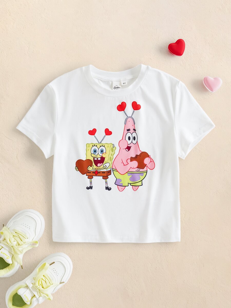 SpongeBob SquarePants | SHEIN Tween Girl Cartoon Print Casual Daily Short Sleeve T-Shirt - White - View 1