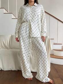Dazy Plus Setelan Piyama Rumahan 2 Potong Celana Panjang Putih Longgar Motif Polkadot Gaya Korea - Putih - View 4
