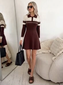 Easowa Women's Fashion Striped Colorblock Long Sleeve Sweater Dress - Brown - View 6
