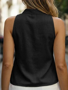 SHEIN Women's Spring Summer New V-Neck Small Stand Collar Fitted Sleeveless Exquisite Positioned Floral Print Pattern Casual Elegant Street Design Tank Top - Black - View 2