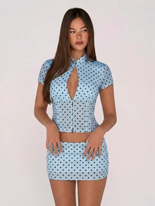 SHEIN ICON 波點網格印花鏤空前開襟上衣與緊身迷你裙女款兩件套 - 淺藍色 - 查看 3