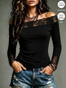 LUMIGAL Women's Autumn/Winter Black Lace Patchwork Asymmetrical Shoulder Waist-Cinching T-Shirt - Black - View 8