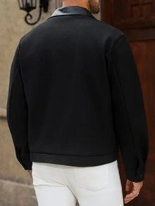 Manfinity Homme 男士成熟休閒拼接翻領夾克 PU皮革領對比色拉鍊短款羊毛混紡外套，適合萬聖節、聖誕節、新年送禮 - 黑色 - 查看 2
