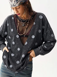 Bohemela 休閒純色針織圓領長袖寬鬆水洗女款衛衣 - 黑色 - 查看 5