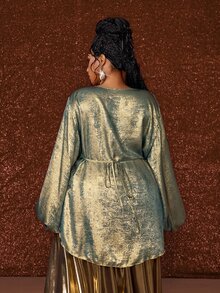 Maweii 大尺碼軍綠色寬鬆燈籠袖女款罩衫，鬆垮版型、鬆緊腰、荷葉邊下擺，通勤百搭顯瘦遮肉長版上衣 - 軍綠色 - 查看 3