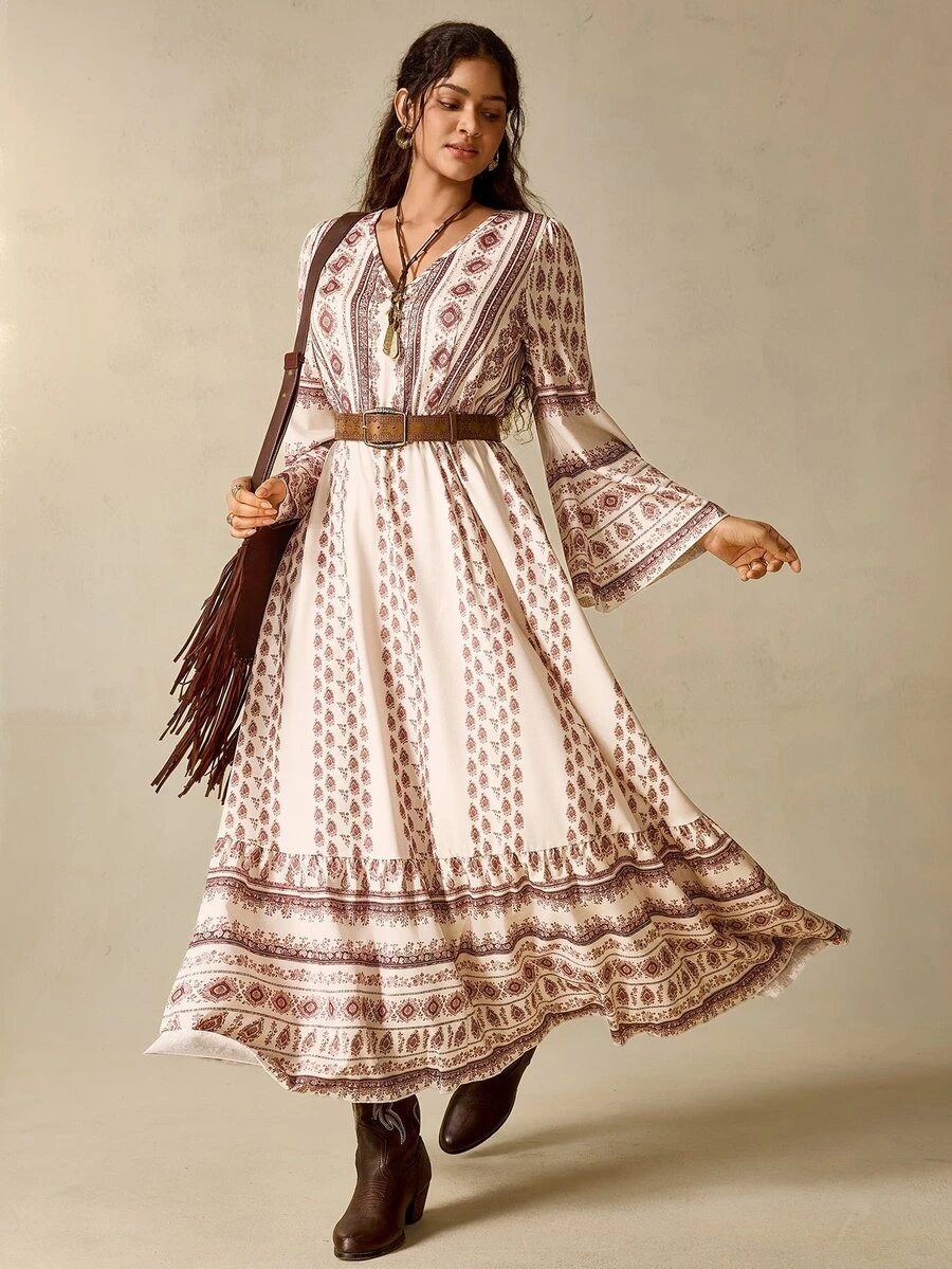 Nubod Plus Size Women Bohemian Style Long Sleeve Dress - Multicolor - View 1